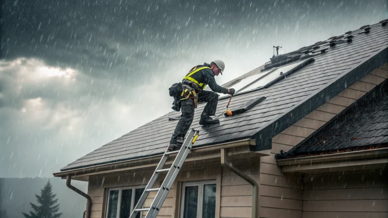 Professional roofer performing emergency roof repair during a storm in Oklahoma City